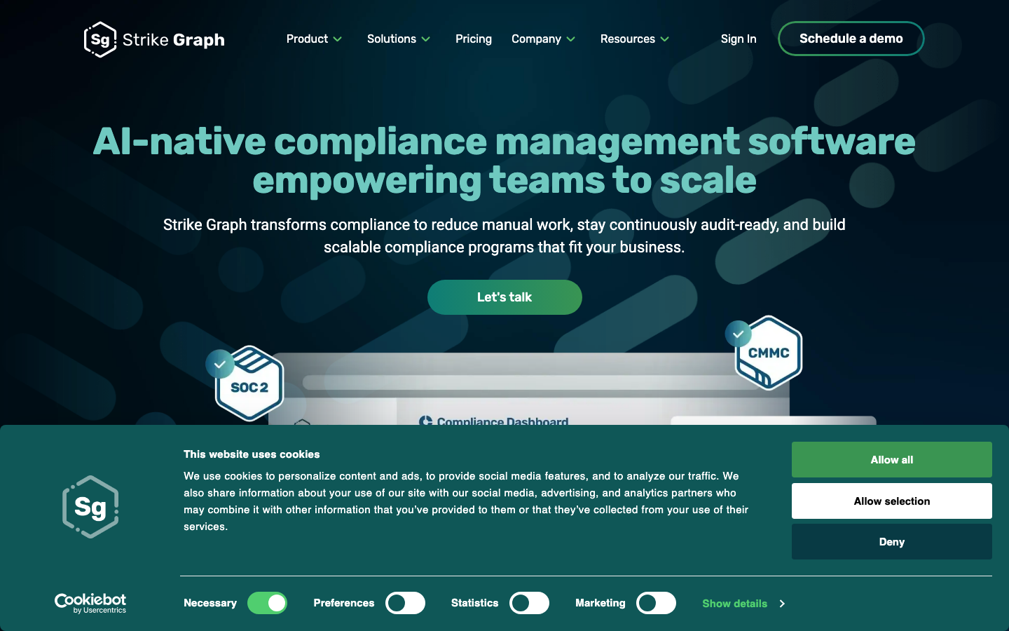 Strike Graph compliance management platform homepage showing AI-native compliance dashboard