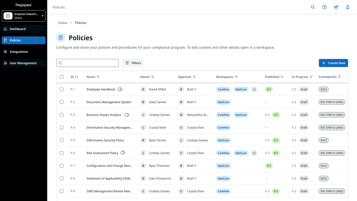 Thoropass policies management showing compliance policy templates and acceptance workflows