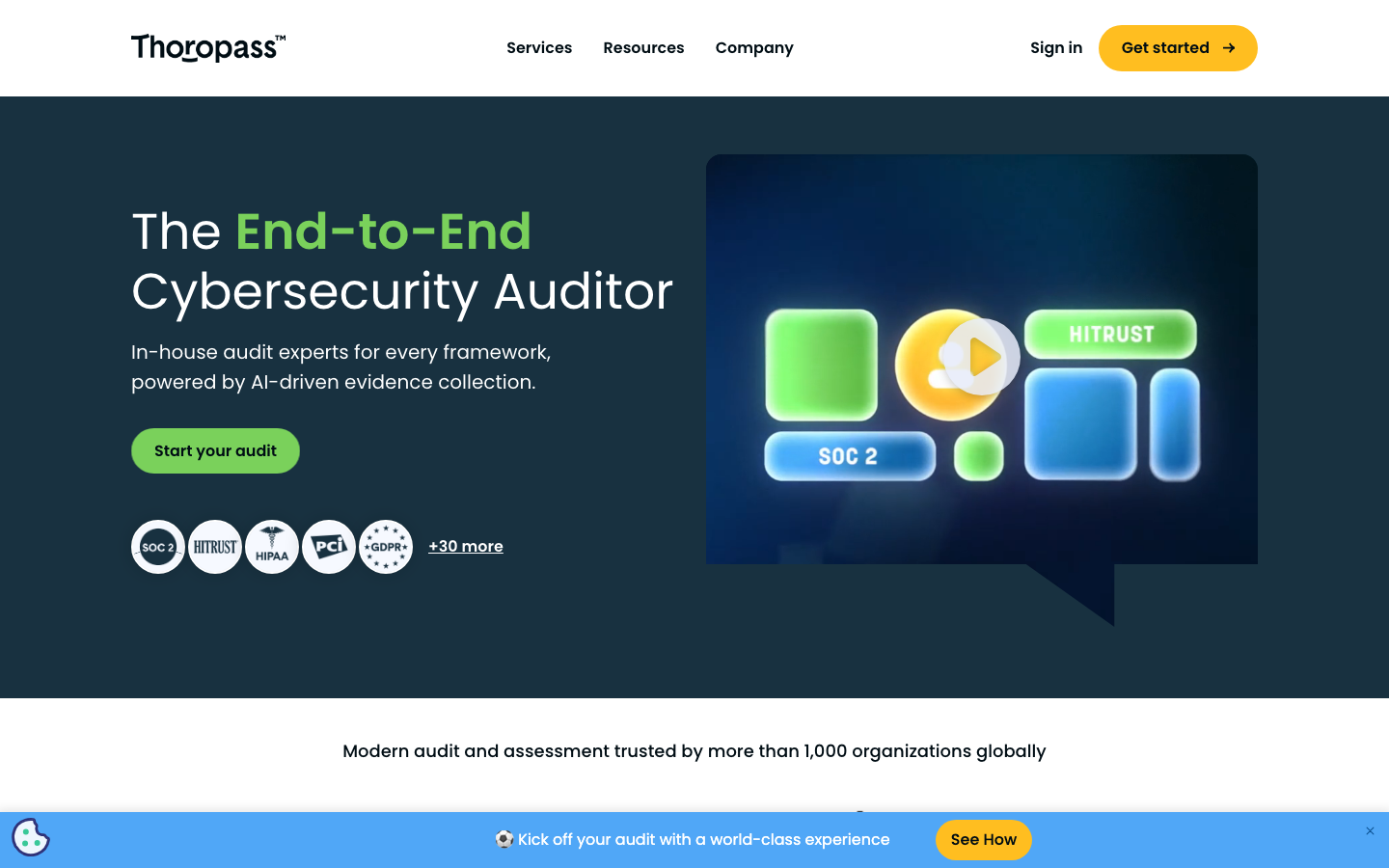 Thoropass compliance and audit platform homepage showing framework badges and bundled assessment messaging