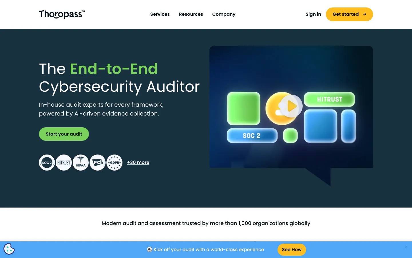 Thoropass compliance and audit platform homepage showing framework badges and bundled assessment messaging