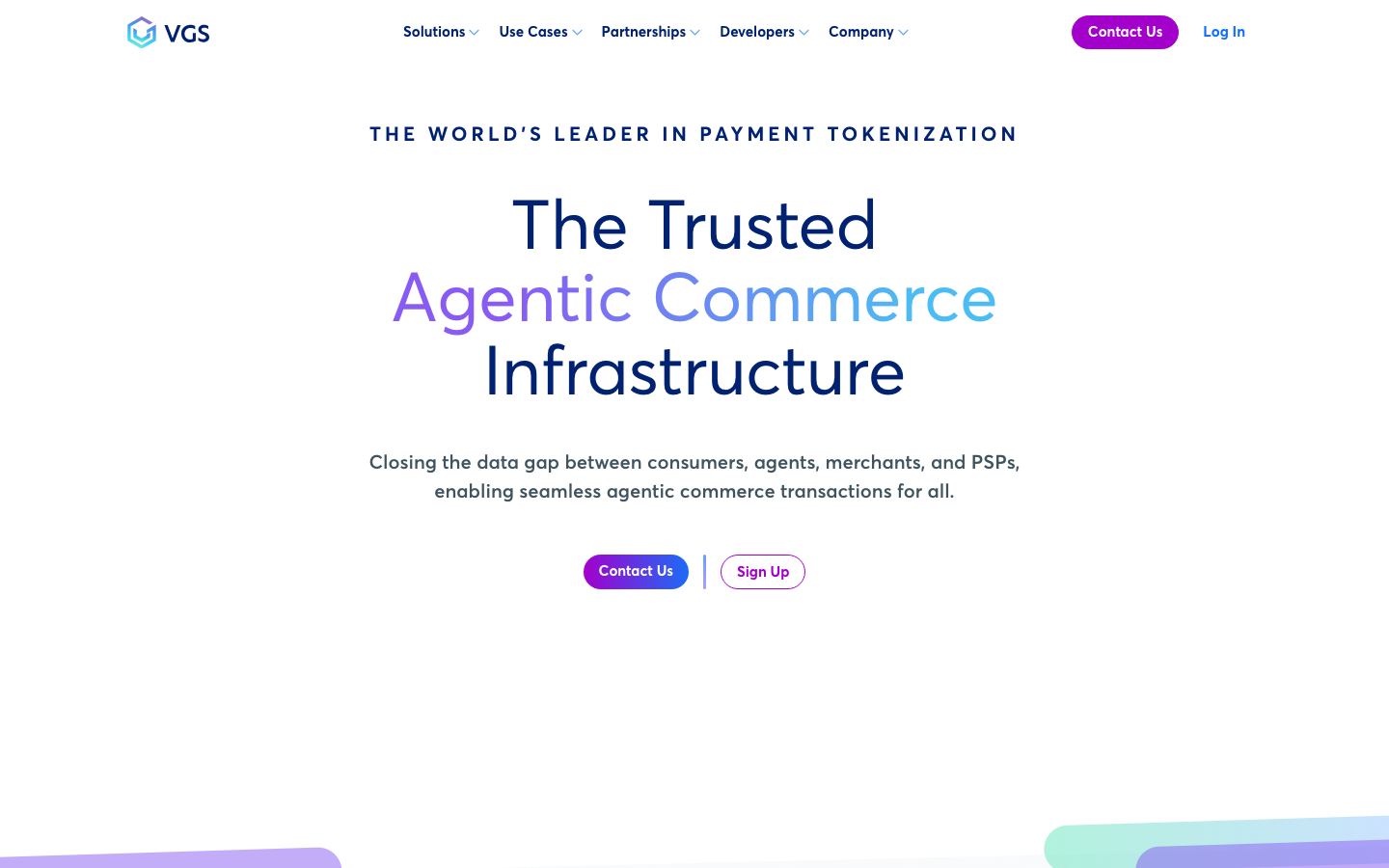 VGS payment tokenization platform homepage showing agentic commerce infrastructure messaging