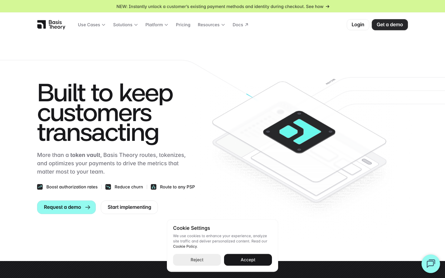 Basis Theory homepage showing API-first tokenization platform and developer documentation