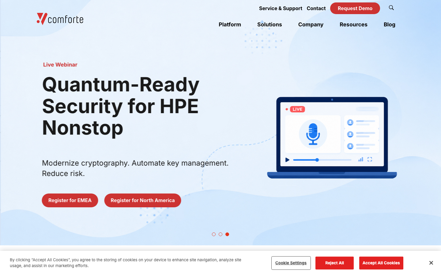 Comforte data security intelligence platform homepage showing tokenization and data discovery features