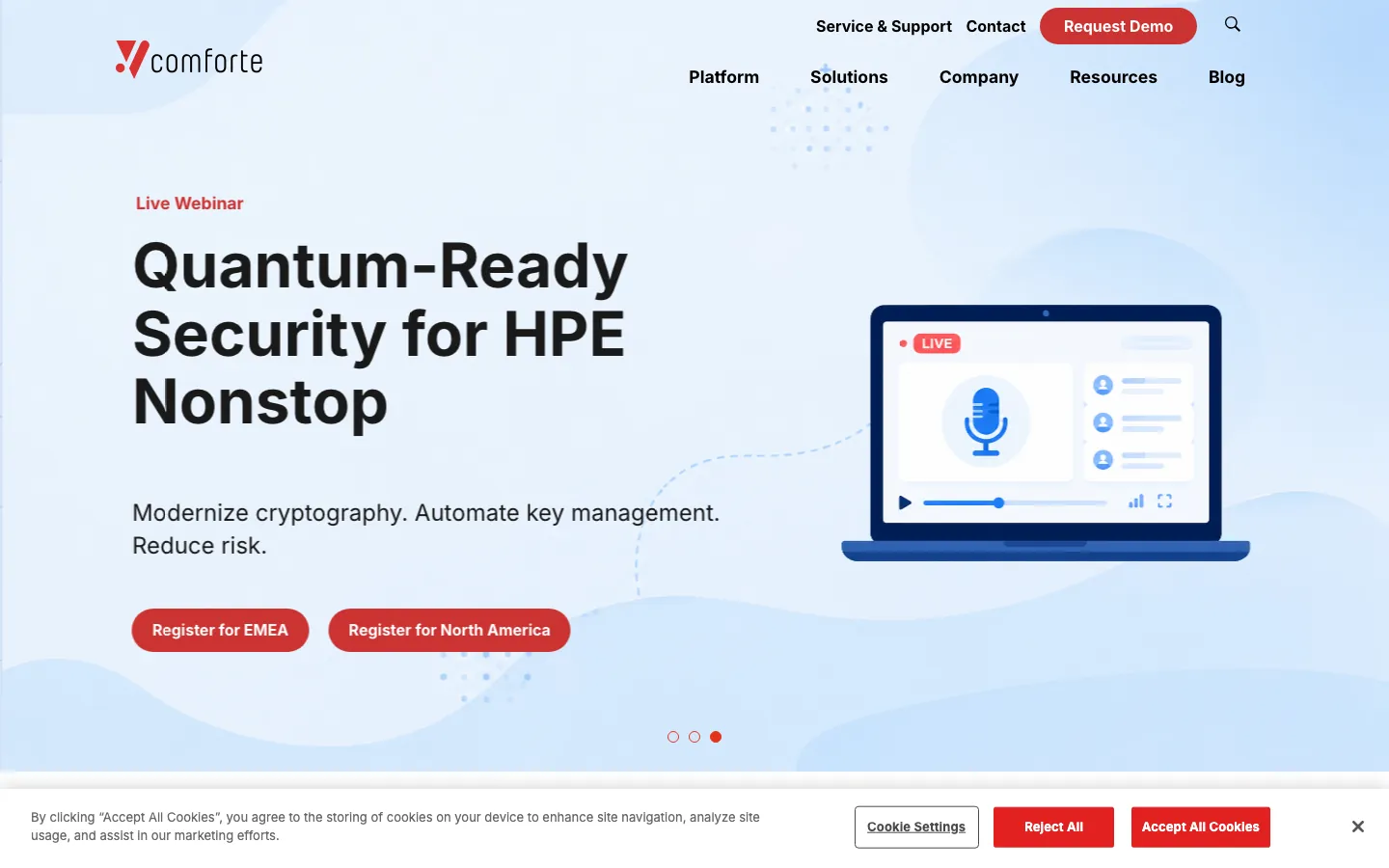 Comforte data security intelligence platform homepage showing tokenization and data discovery features