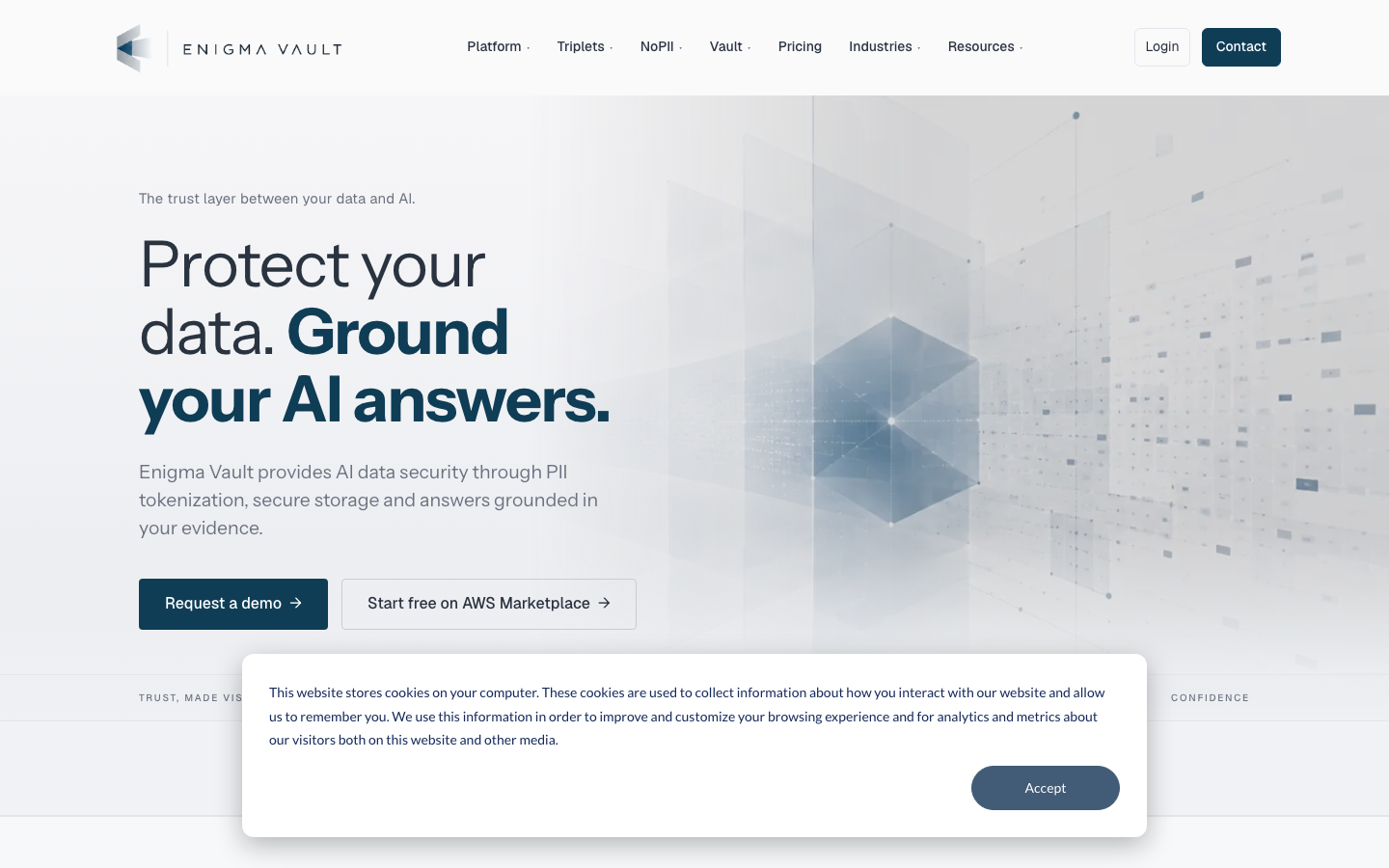 EnigmaVault homepage showing PCI DSS tokenization API products for Card, Data, and File Vault