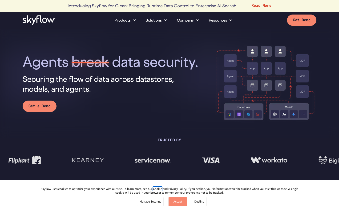 Skyflow data privacy vault homepage showing zero-trust tokenization and encrypted data analytics