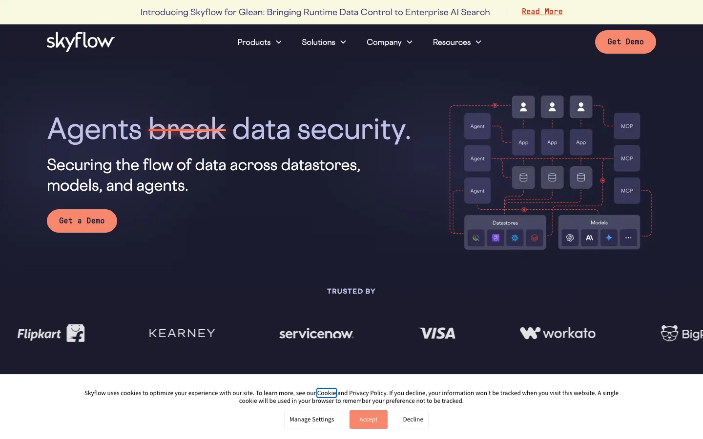 Skyflow data privacy vault homepage showing zero-trust tokenization and encrypted data analytics