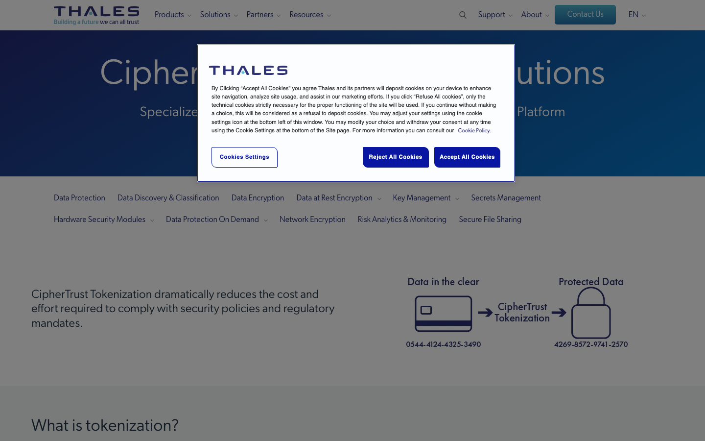 Thales CipherTrust tokenization platform homepage showing enterprise data security and HSM integration