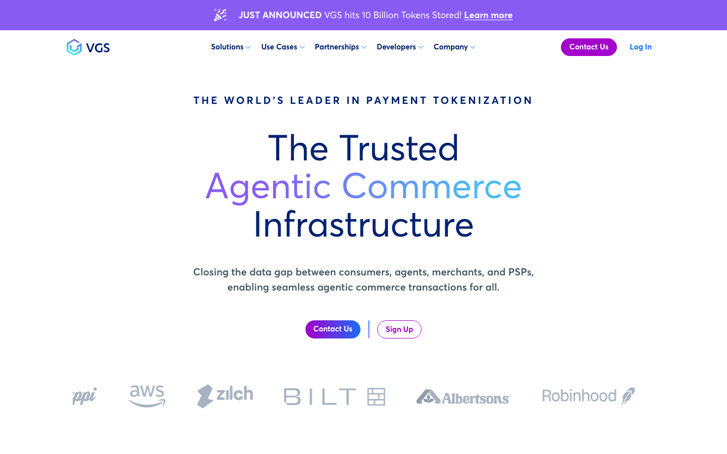 VGS platform homepage showing proxy-based tokenization and PCI compliance scope reduction