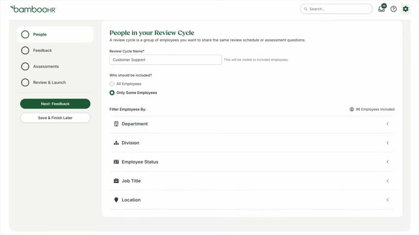 BambooHR performance review cycle setup screen showing employee filters and review workflow steps