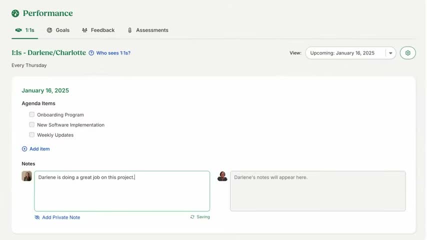 BambooHR one on one meeting screen showing agenda items and shared manager notes
