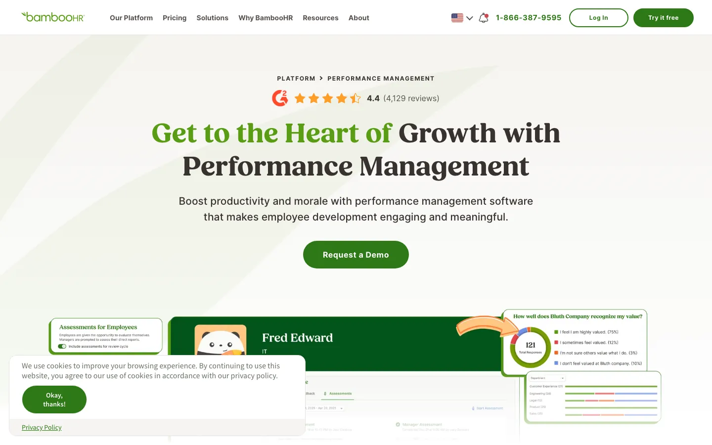 BambooHR performance management page showing employee review cycles and goal tracking features