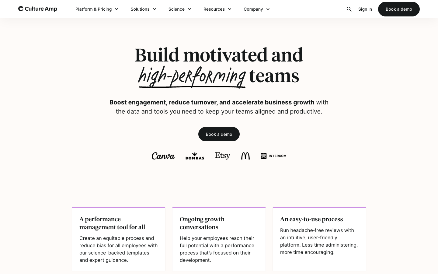 Culture Amp homepage showing build motivated and high-performing teams platform with Canva and Etsy logos