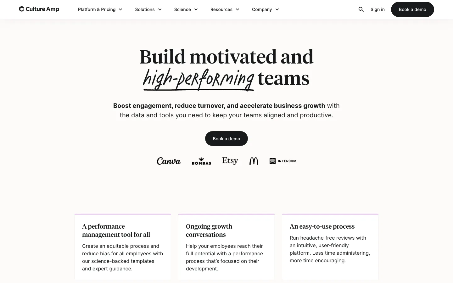 Culture Amp homepage showing build motivated and high-performing teams platform with Canva and Etsy logos
