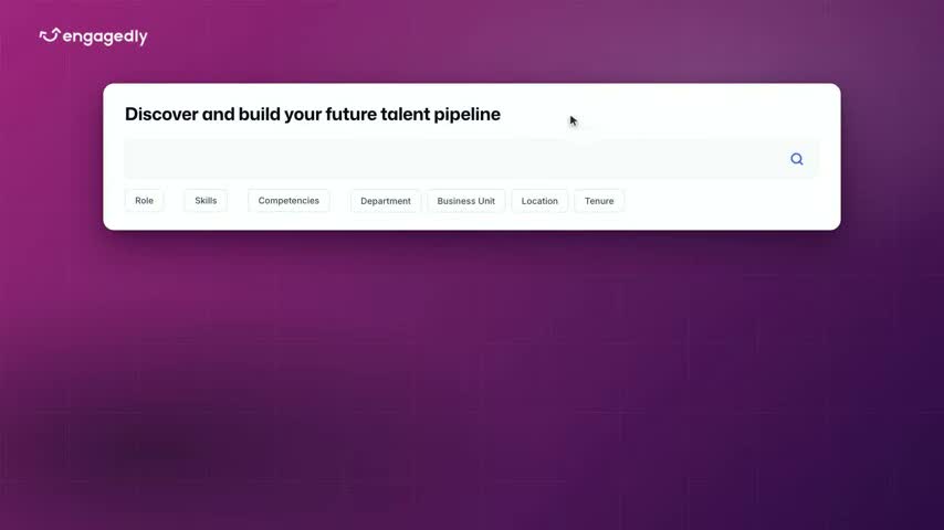 Engagedly talent pipeline search screen with filters for role, skills, competencies, department, and tenure