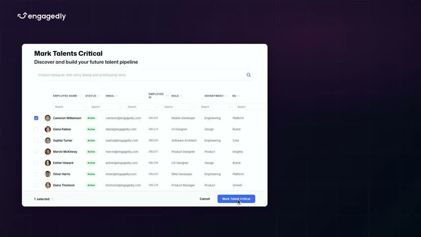 Engagedly Mark Talents Critical modal showing a searchable employee table with department and role columns