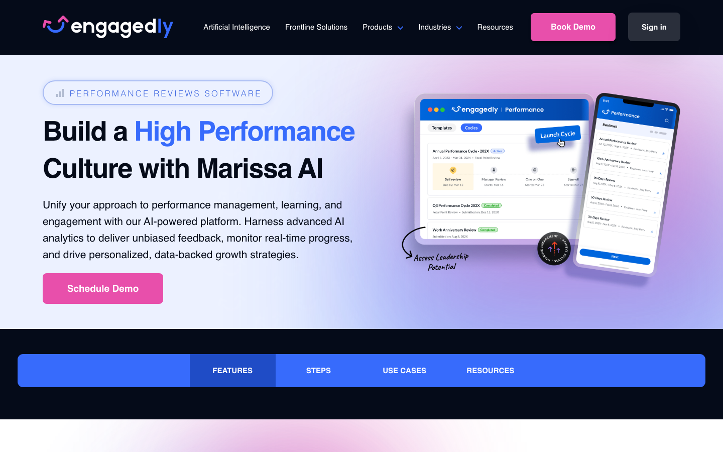Engagedly homepage showing Build a High Performance Culture with Marissa AI platform