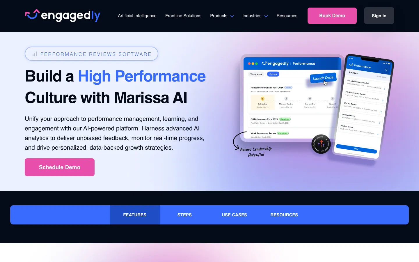 Engagedly homepage showing Build a High Performance Culture with Marissa AI platform