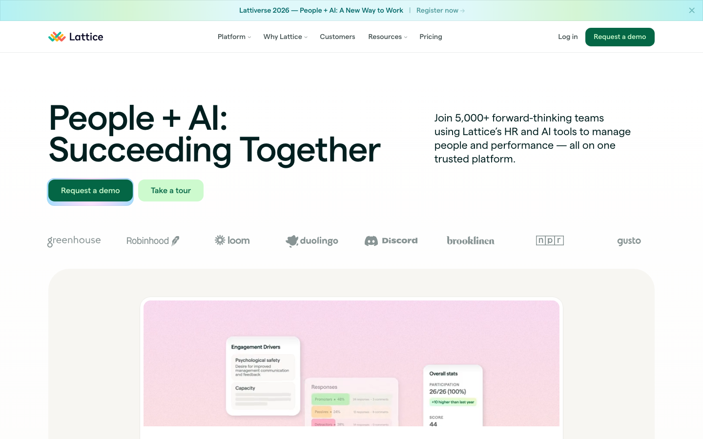 Lattice homepage showing People plus AI performance management platform used by 5000 companies