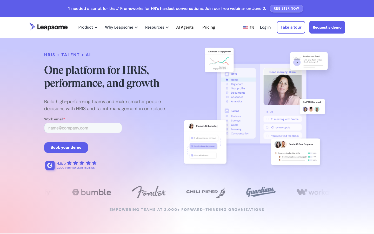 Leapsome homepage showing one platform for HRIS talent and performance management for high-performing teams