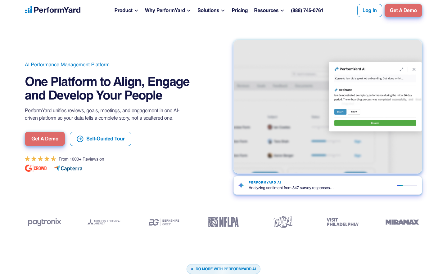 PerformYard homepage showing the AI performance management platform and its review, goals, and engagement features