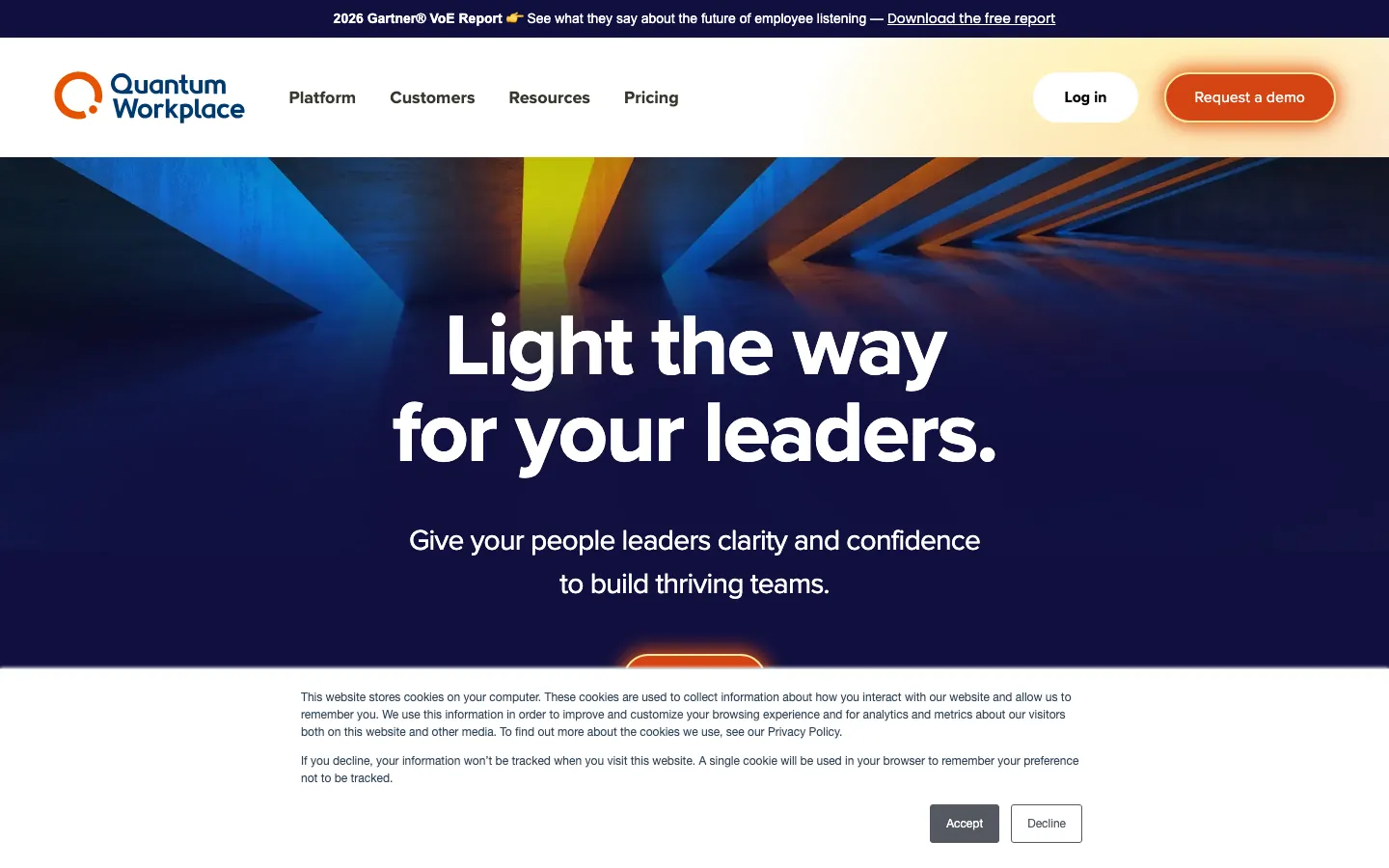 Quantum Workplace homepage showing HR software for engagement performance development and recognition