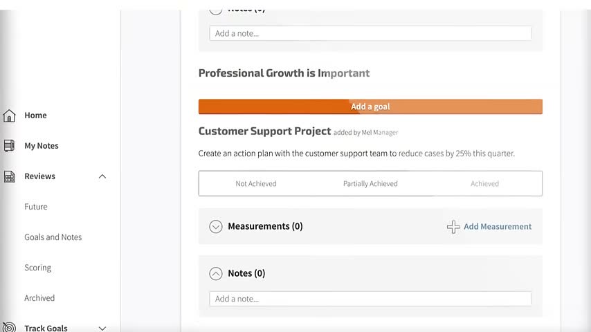 Trakstar Perform goal tracking screen showing a customer support project goal with achievement status options