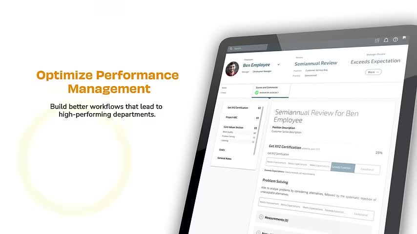 Trakstar Perform semiannual review screen showing competency scoring from needs improvement to exceptional