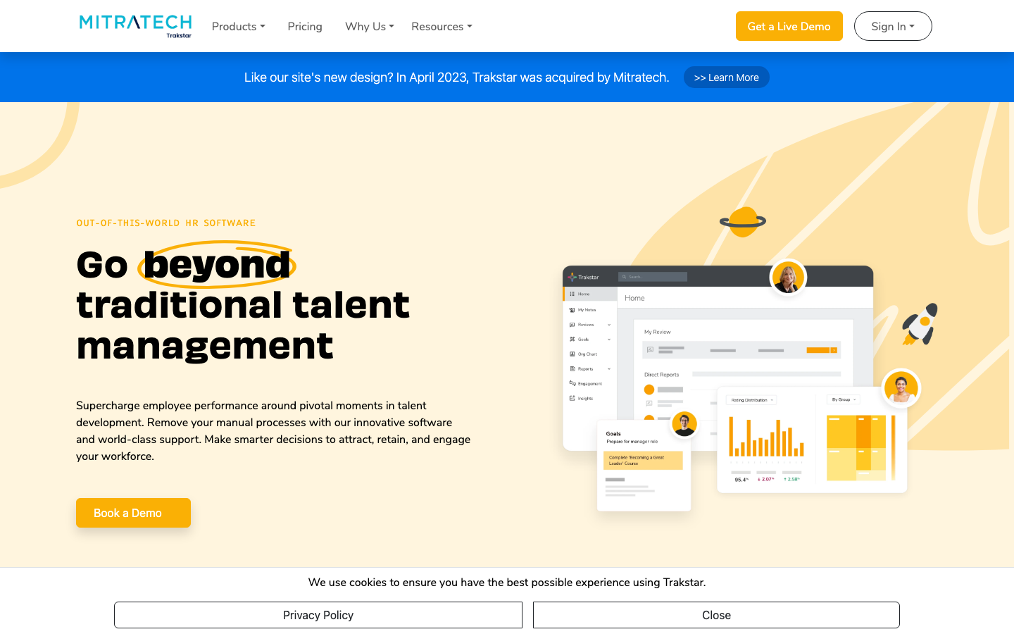 Trakstar homepage under Mitratech brand showing talent management and performance appraisal platform