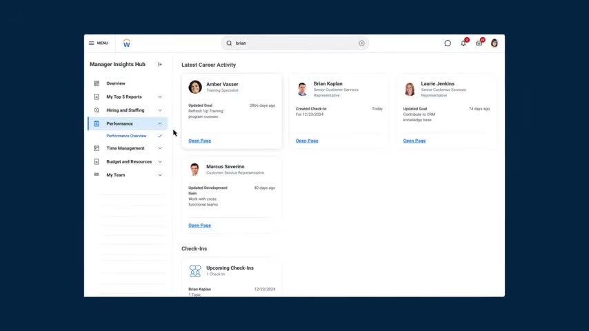 Workday Manager Insights Hub showing the Performance Overview navigation item and recent career activity cards