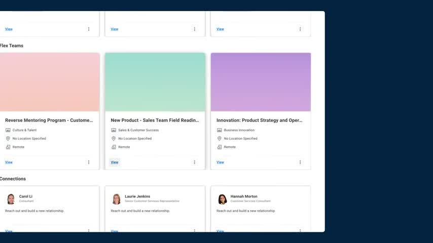 Workday Flex Teams talent marketplace showing stretch assignment cards like a reverse mentoring program