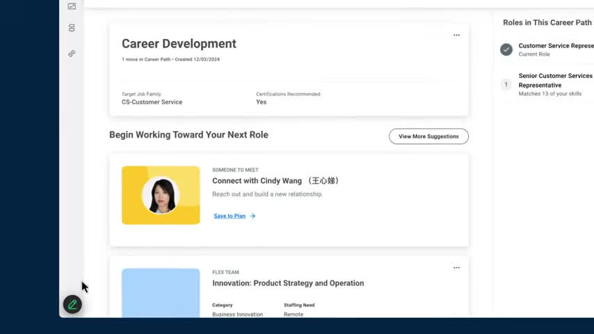 Workday career development panel suggesting a next role and people to connect with based on skills