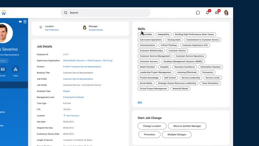 Workday employee profile showing job details and a tagged skills list used for talent matching