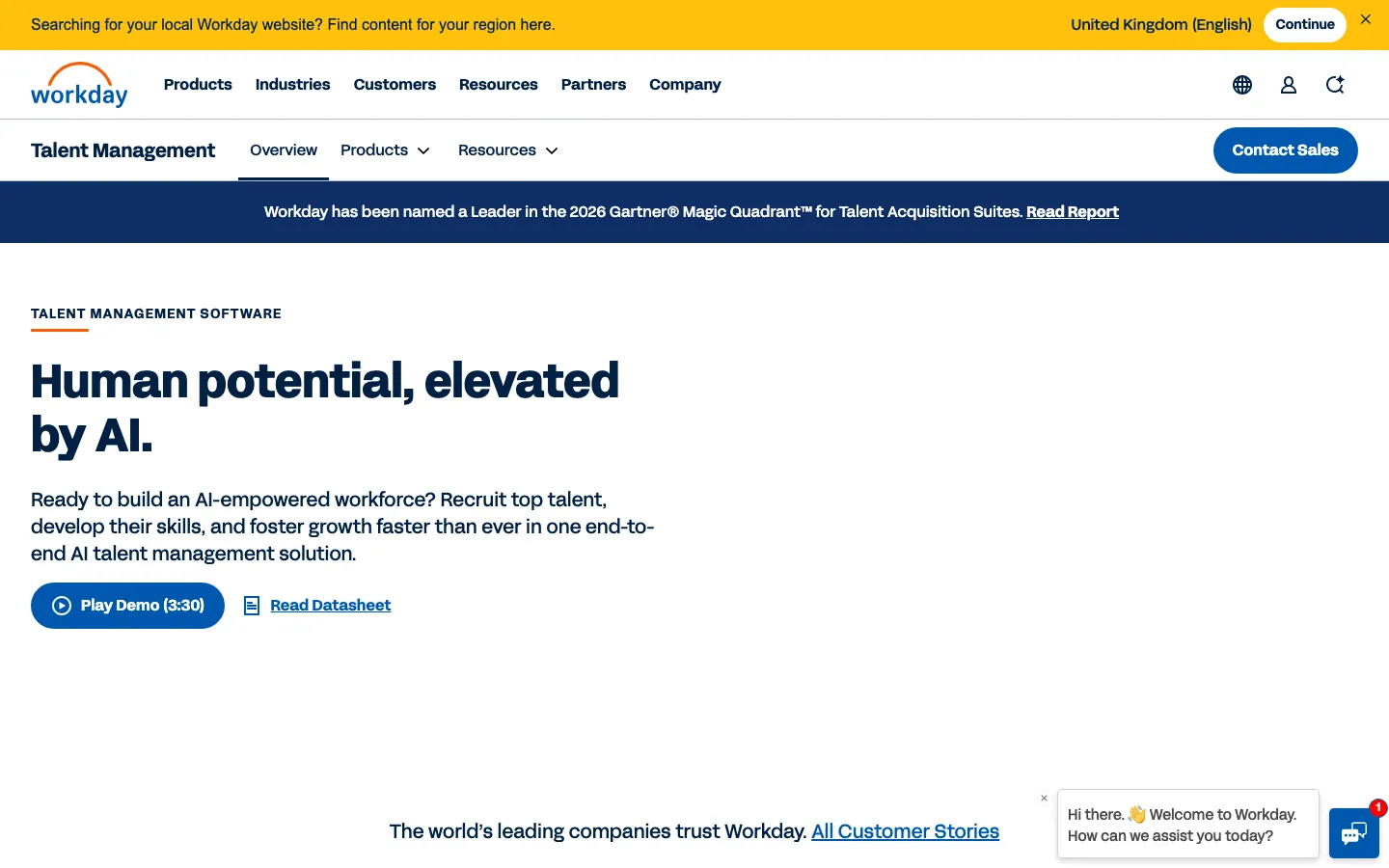Workday Talent Management overview page showing unified talent performance and development platform