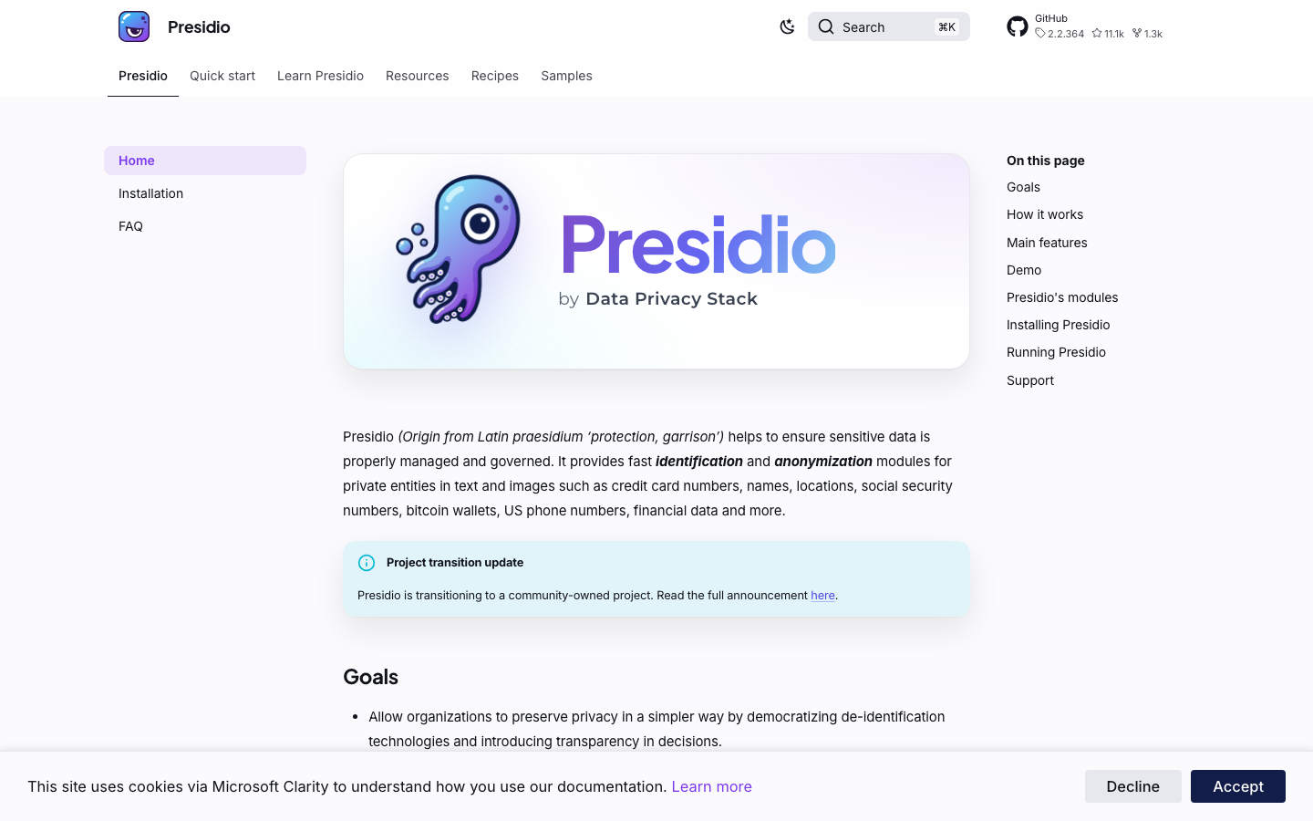 Microsoft Presidio documentation page showing PII analyzer and anonymizer architecture