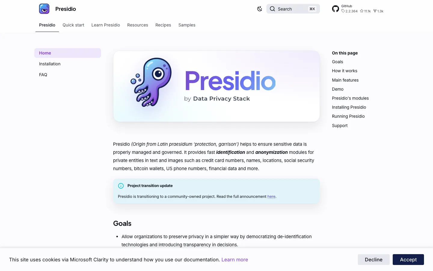 Microsoft Presidio documentation page showing PII analyzer and anonymizer architecture
