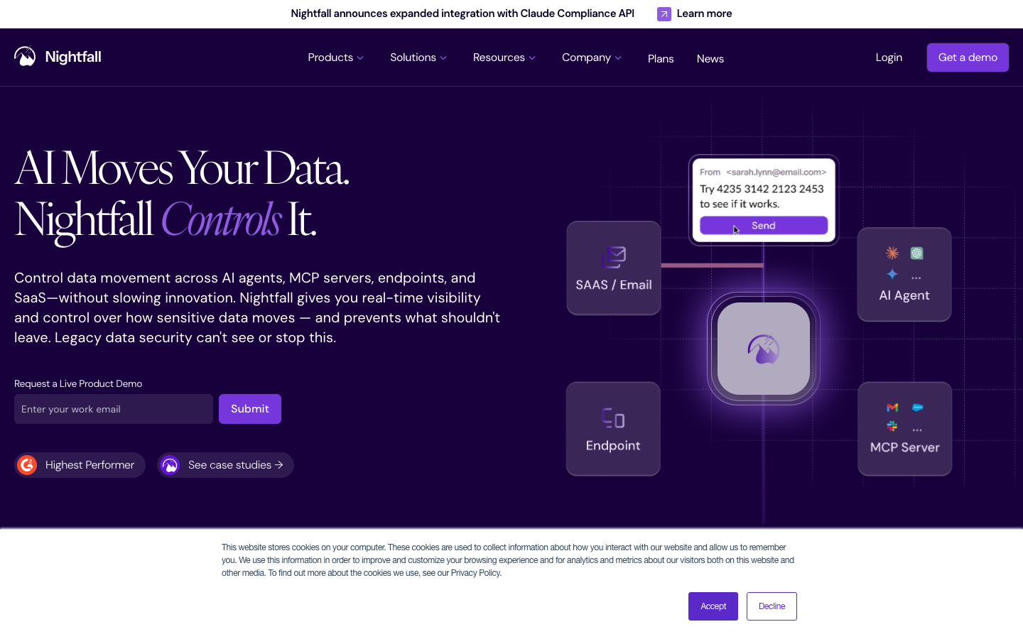 Nightfall AI DLP dashboard showing sensitive data detection across SaaS and LLM channels