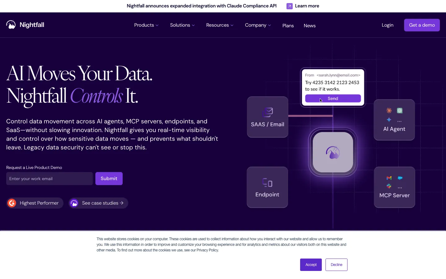 Nightfall AI DLP dashboard showing sensitive data detection across SaaS and LLM channels