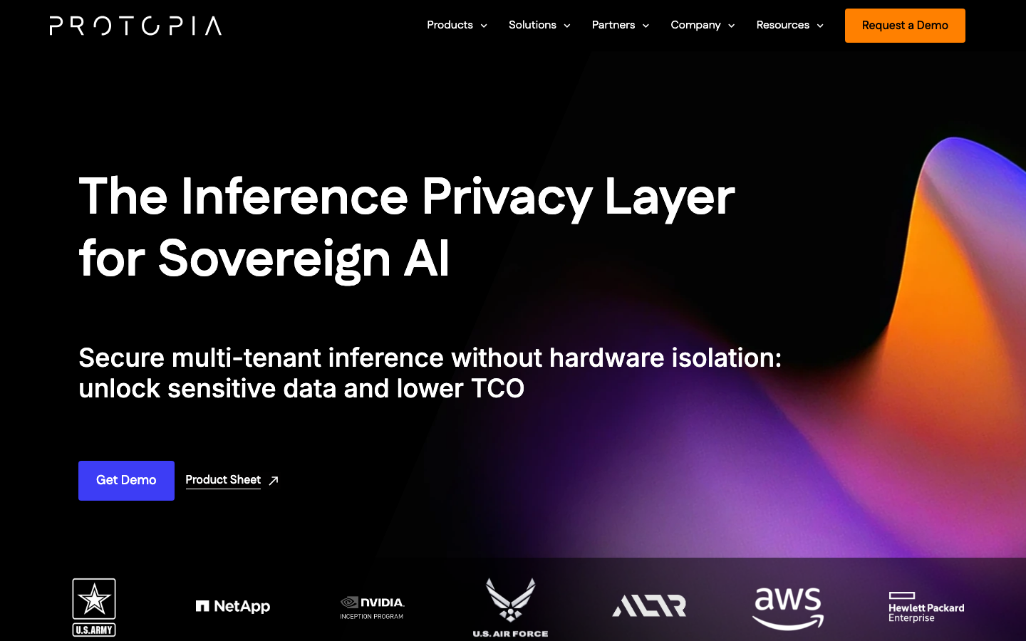 Protopia AI Stained Glass Transform homepage showing data protection for LLM inference endpoints