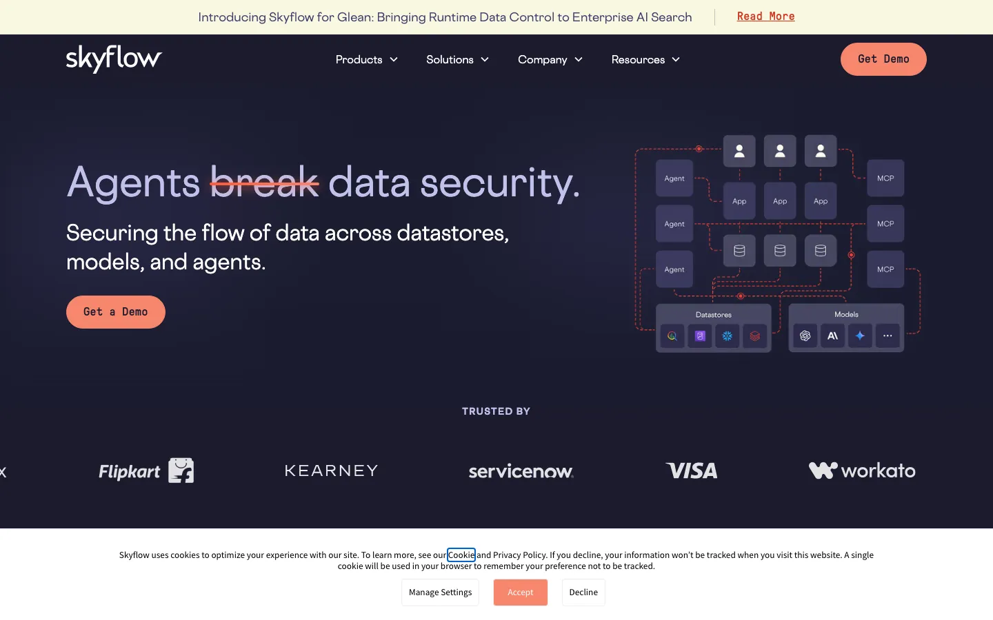 Skyflow data privacy vault homepage showing LLM-aware PII tokenization architecture
