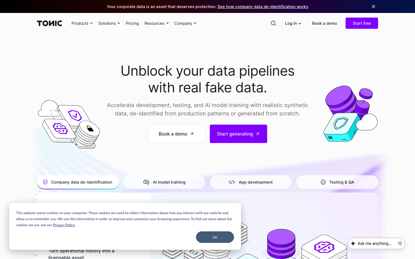 Tonic.ai database masking interface showing PII de-identification for staging environment data