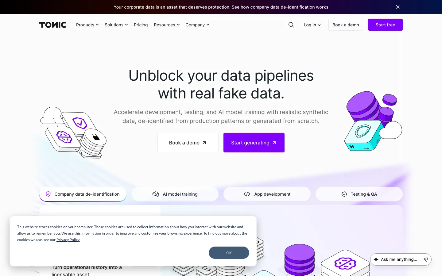 Tonic.ai database masking interface showing PII de-identification for staging environment data