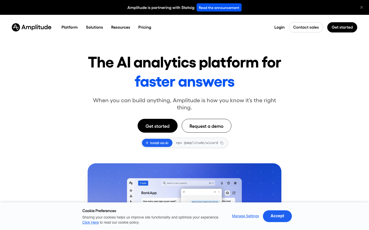 Amplitude analytics platform homepage showing AI analytics dashboard for faster product answers