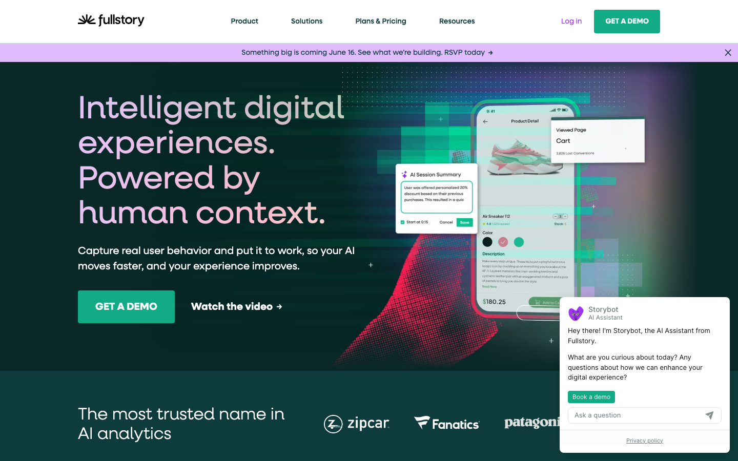 FullStory digital experience platform showing AI-powered session intelligence and customer behavior capture tools