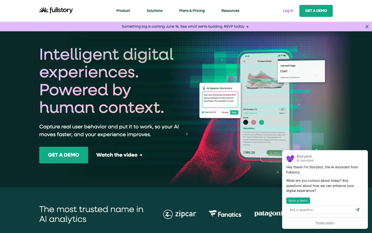 FullStory digital experience platform showing AI-powered session intelligence and customer behavior capture tools