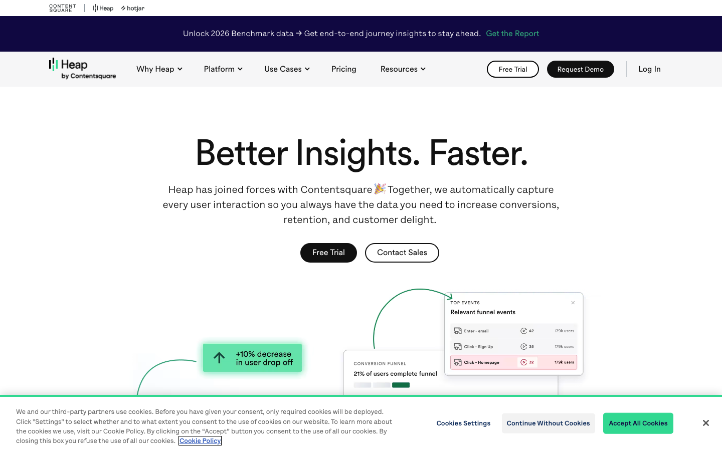 Heap by Contentsquare homepage showing autocapture analytics with funnel conversion insights and Contentsquare branding