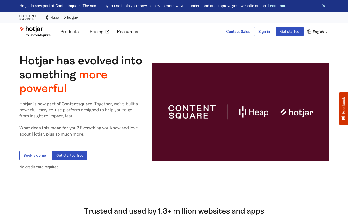 Hotjar by Contentsquare homepage showing heatmaps, session recordings, and user feedback tools for web products