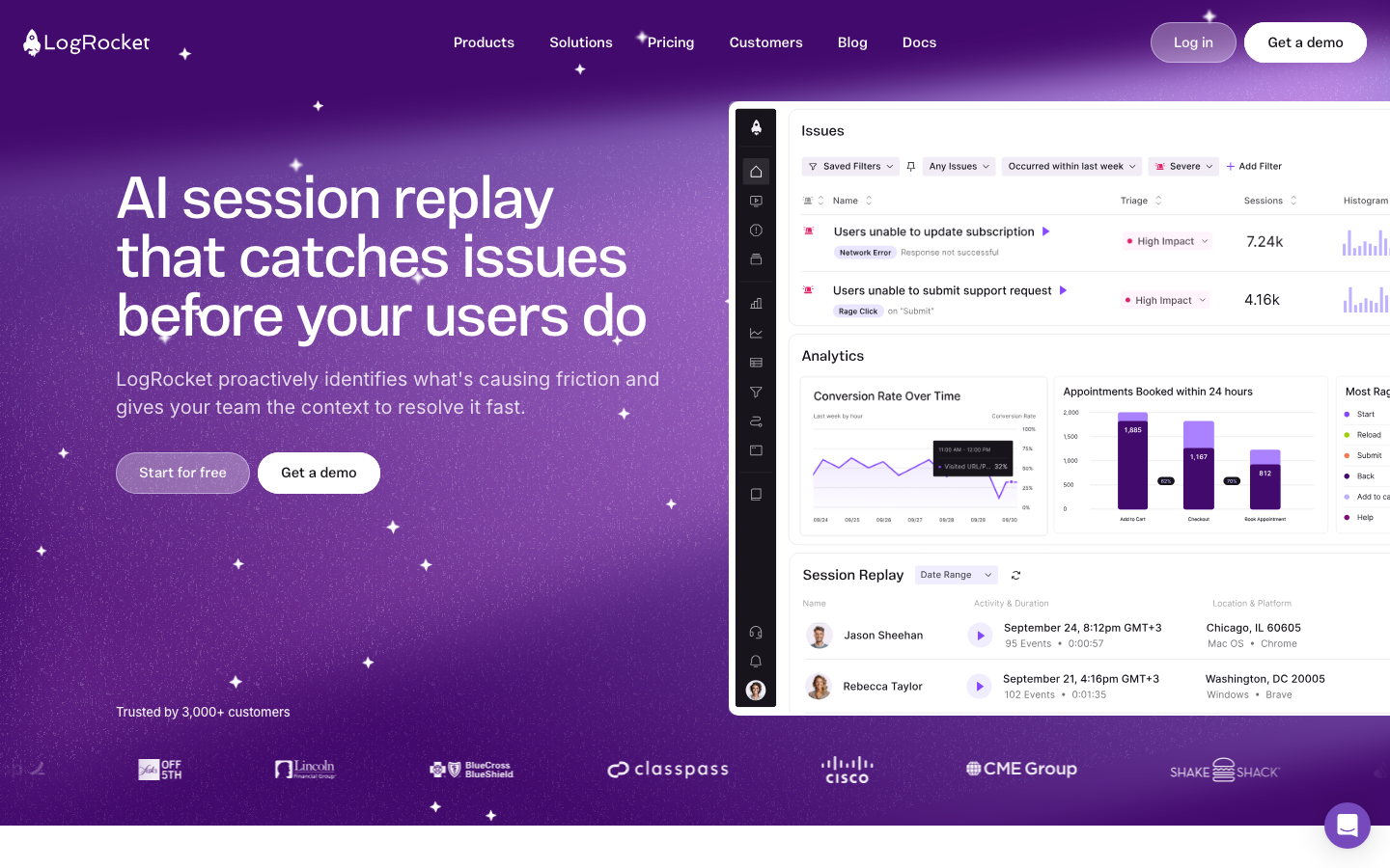 LogRocket session replay platform showing AI issue detection with user behavior analytics and error monitoring dashboard