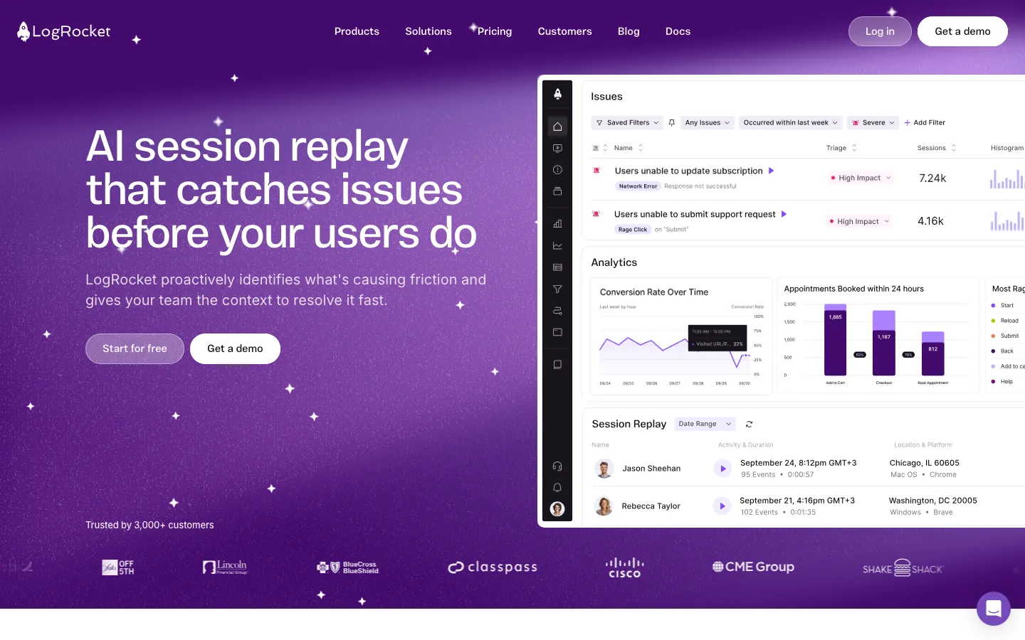 LogRocket session replay platform showing AI issue detection with user behavior analytics and error monitoring dashboard