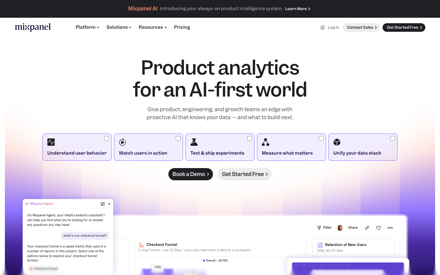Mixpanel analytics platform homepage showing funnel analysis and AI-powered product intelligence for cross-functional teams